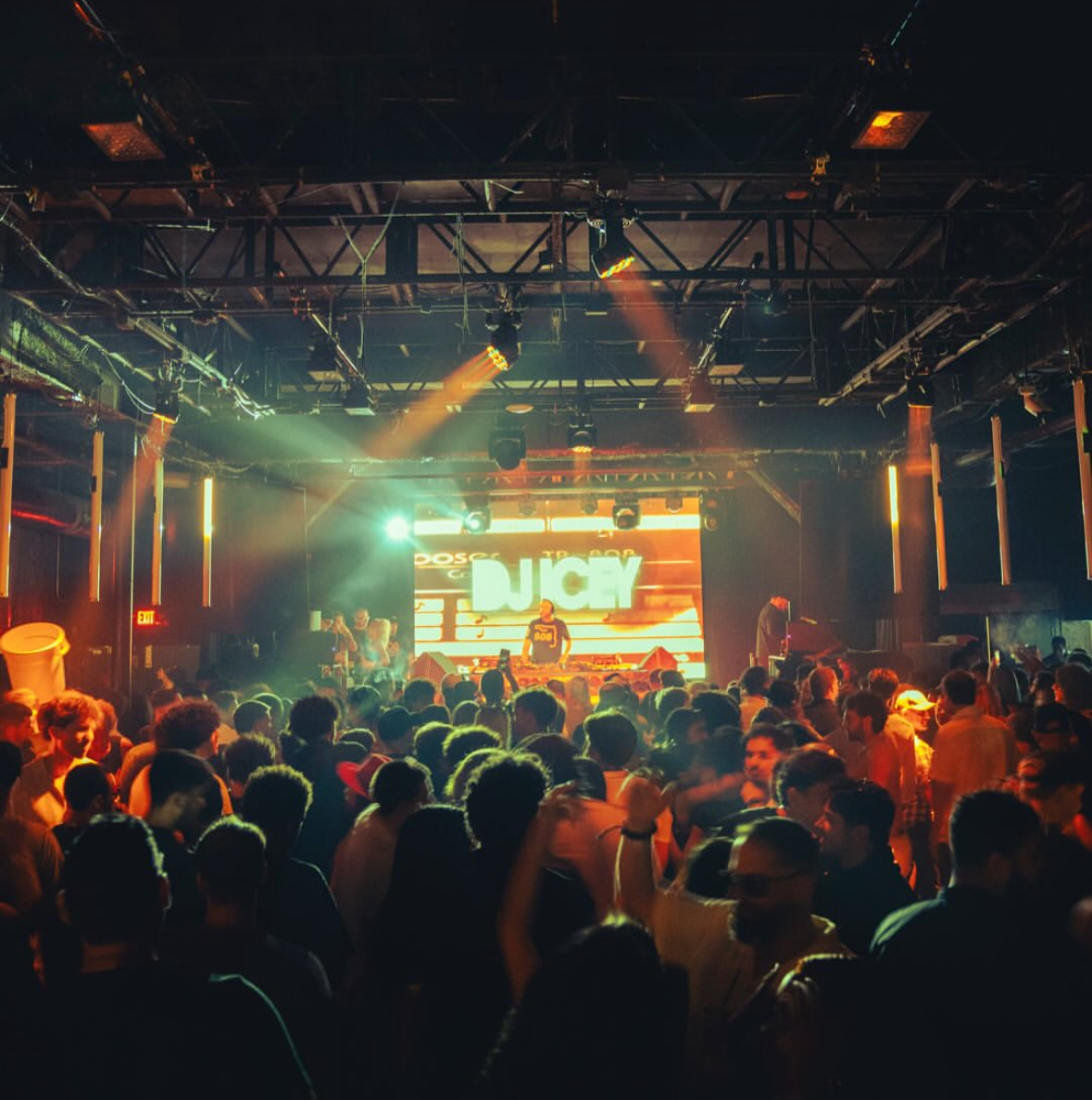 Crowd under warm club lights with DJ centered on stage